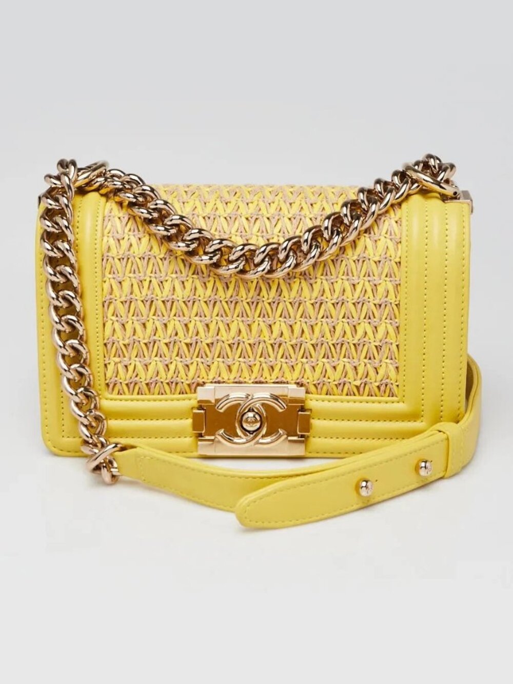 Chanel Yellow Woven Raffia and Lambskin Leather Medium Boy Bag